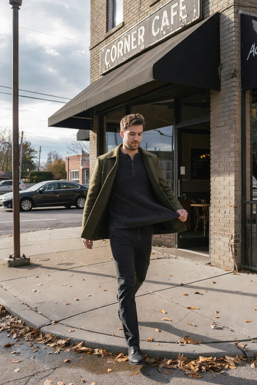 Man in open olive green wool coat over chunky black knit henley sweater, slim black pants, and black shoes, walking on sidewalk