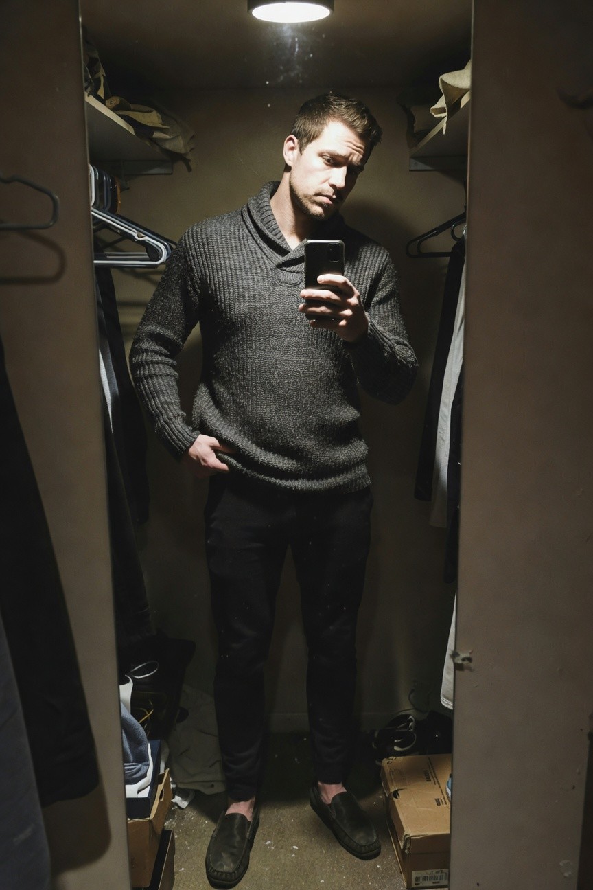 Man in a walk-in closet mirror selfie wearing a chunky dark gray mock-neck knit sweater, black slim-fit trousers, and black loafers with one hand in pocket holding phone in the other