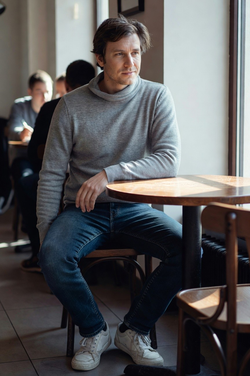 Man in light gray high-neck knit sweater, blue straight-leg jeans, and white low-top sneakers, leaning casually at a wooden cafe table