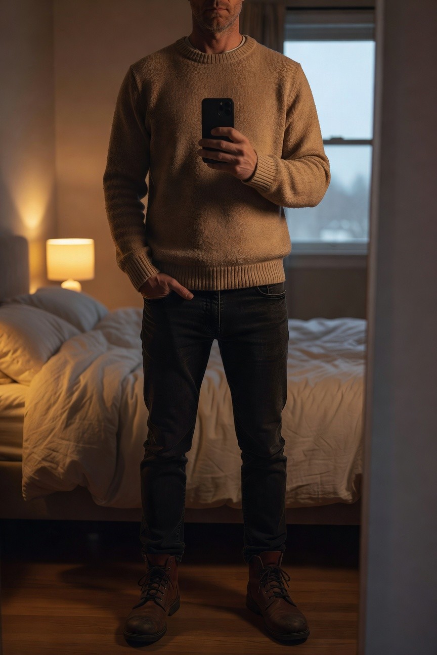A man stands confidently in a mirror selfie wearing a beige crewneck knit sweater, slim black jeans, and brown laced leather boots, hands in pockets holding phone, simple bedroom background