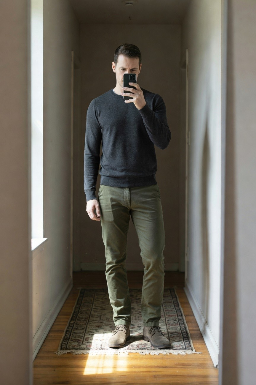 Man in a dark gray crewneck knit sweater, olive green straight-leg chinos, and tan suede chukka boots, standing in a hallway and holding a phone for a mirror selfie