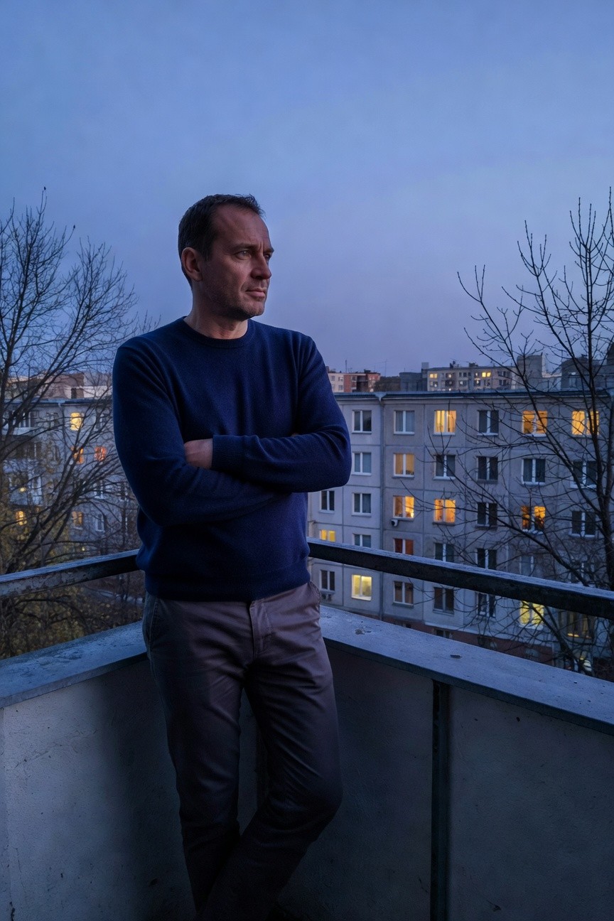 Man in his 30s with short hair standing arms crossed on a balcony railing wearing a fitted navy blue crewneck sweater tucked slightly into slim gray trousers and dark shoes against an urban evening backdrop