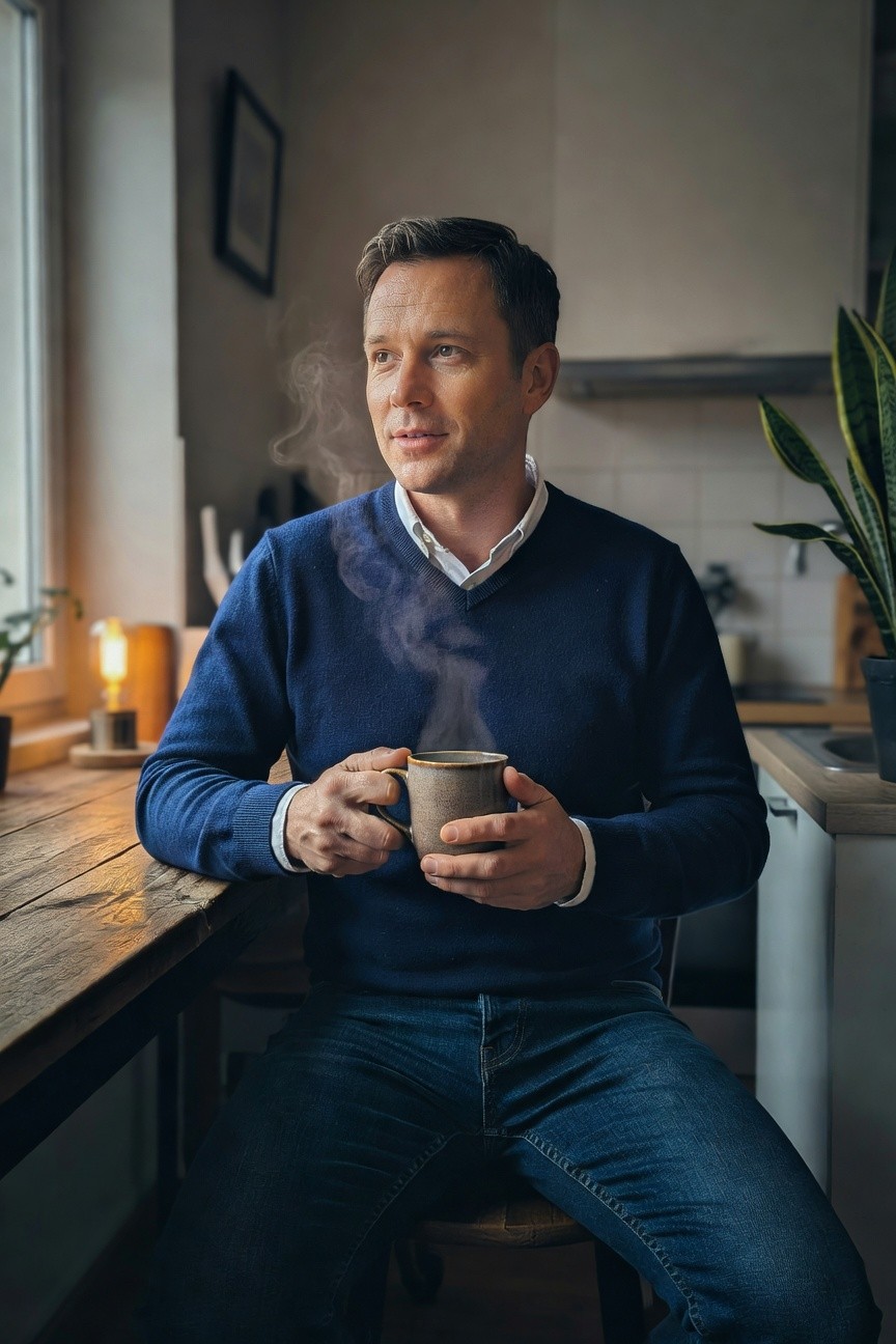 Man wearing navy blue V-neck sweater layered over white collared shirt tucked into dark blue jeans, holding a steaming mug while seated at a wooden table in a kitchen setting