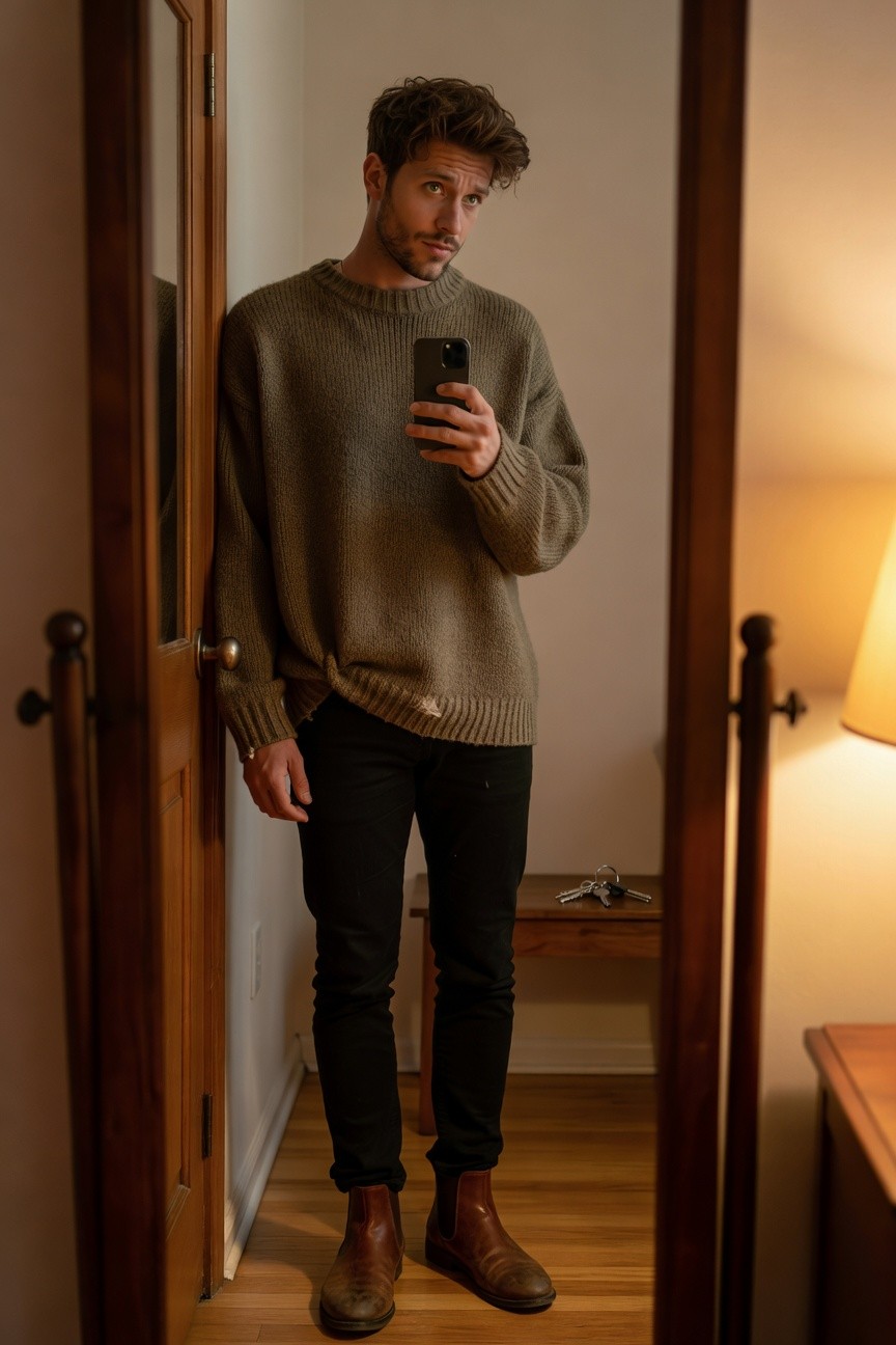 Man taking a mirror selfie in an oversized olive green knit sweater, black skinny jeans, brown leather Chelsea boots, standing casually near a wooden doorframe with keys on a side table