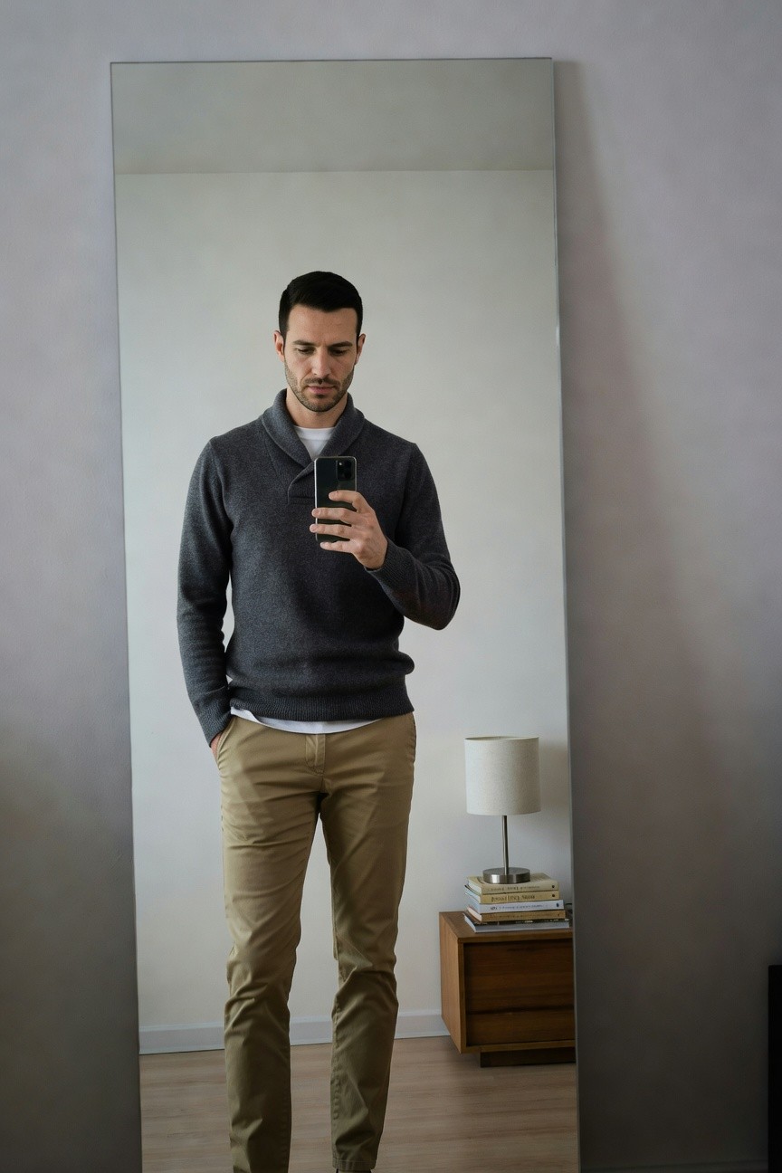 Man in gray shawl collar sweater over white crewneck t-shirt and beige slim chinos taking mirror selfie in modern bedroom with side table and lamp