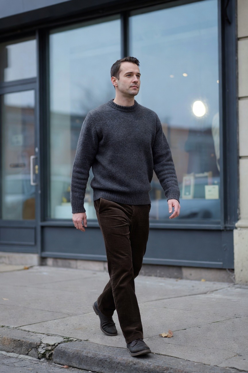 Man walking on sidewalk wearing gray turtleneck sweater, brown corduroy pants, and brown leather shoes, viewed from side angle against urban storefront.