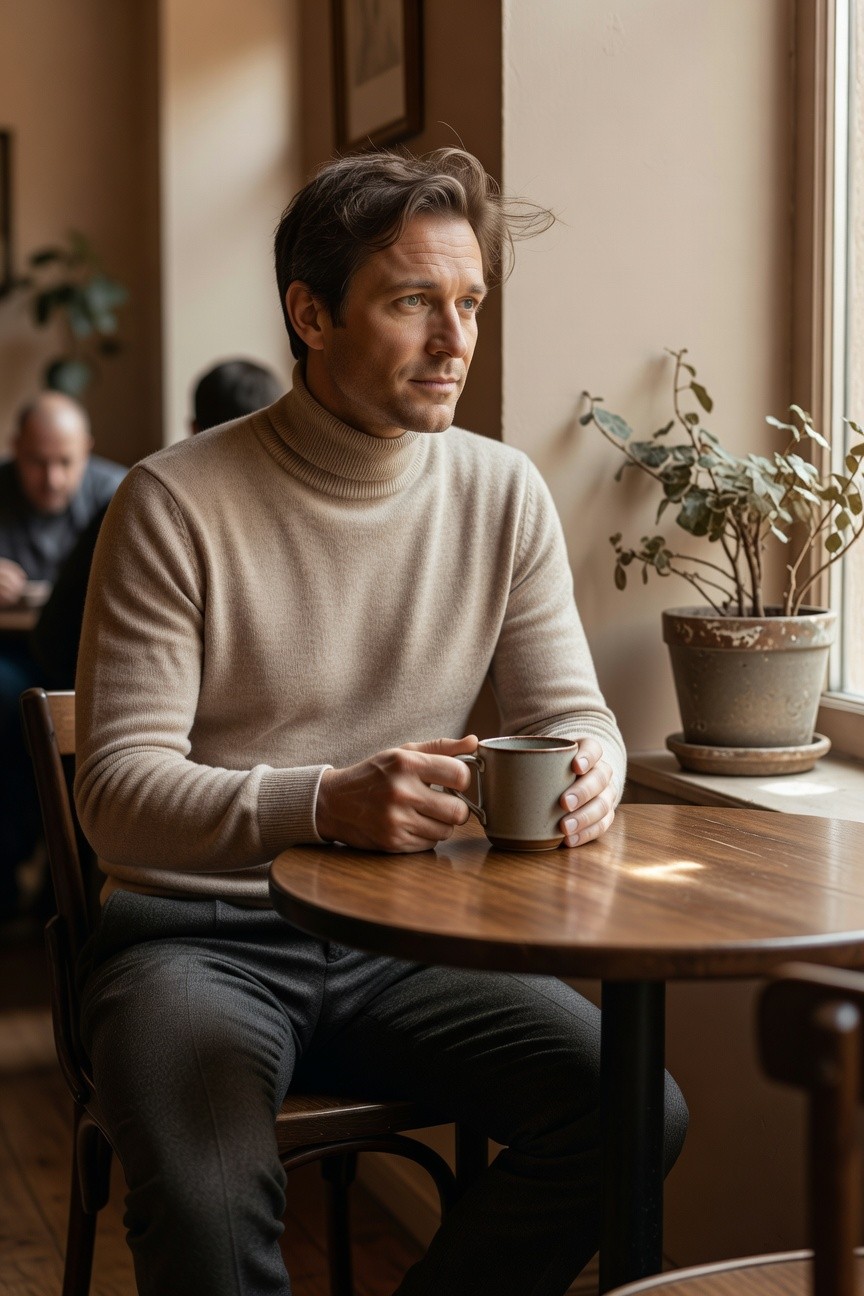 Man in beige turtleneck sweater and gray textured trousers seated at a wooden table holding a ceramic mug, warm indoor lighting highlighting the outfit's neutral tones and clean lines