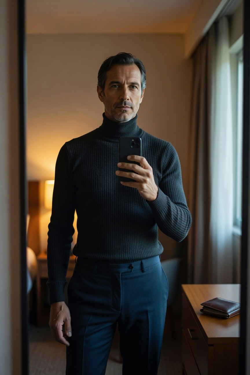 A man in a black ribbed turtleneck sweater and navy tailored trousers stands in front of a hotel mirror taking a selfie, with warm lamp light in the background and a wallet on the nightstand.