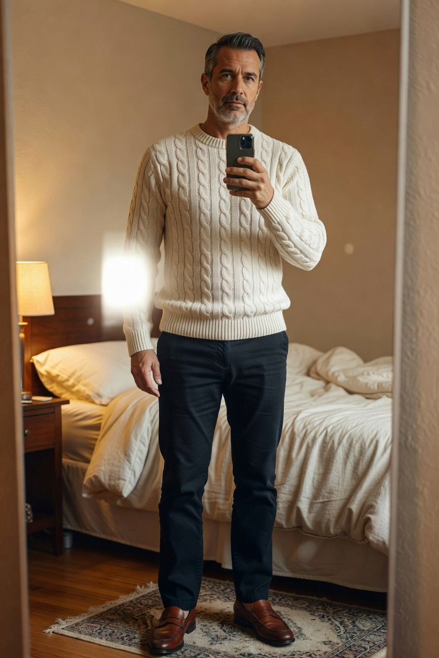 Mature man in cream cable knit crewneck sweater, navy trousers, and brown tassel loafers, taking a mirror selfie in a bedroom, quiet luxury style