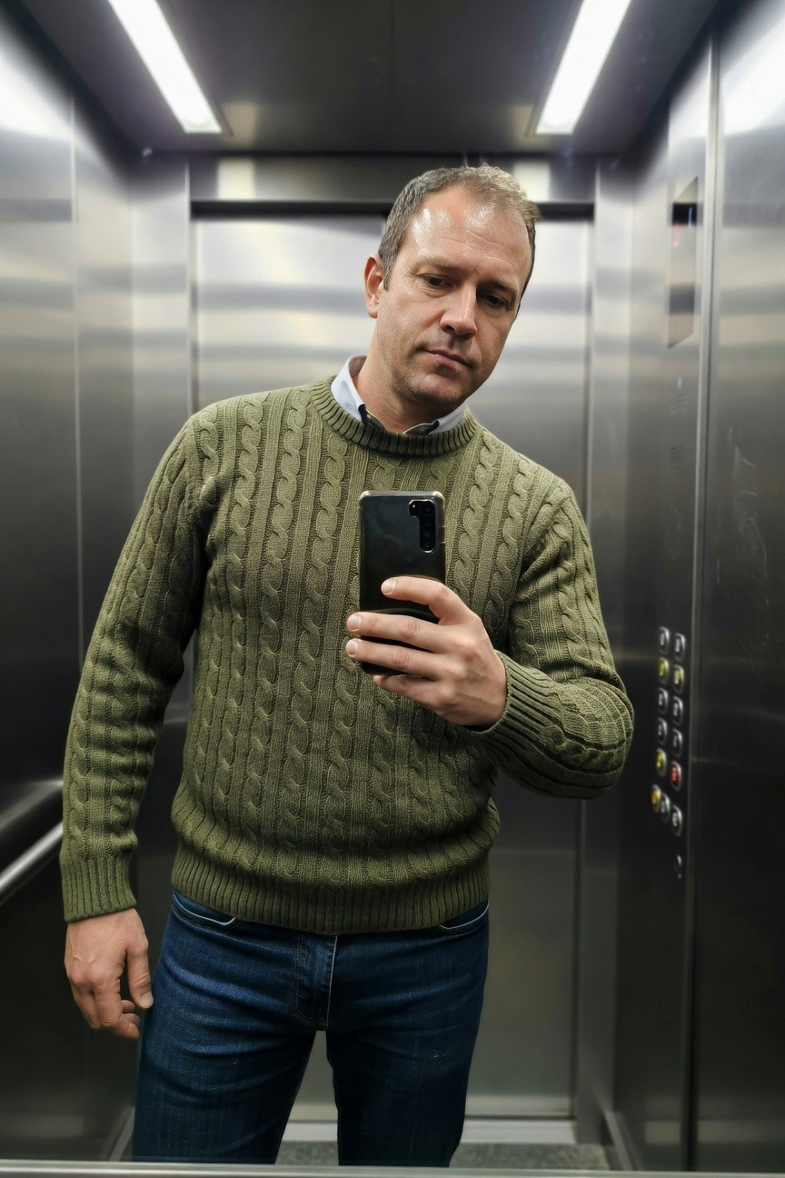 Man in elevator taking selfie wearing olive green cable knit crewneck sweater over white collared shirt tucked into slim dark blue jeans, hand holding smartphone