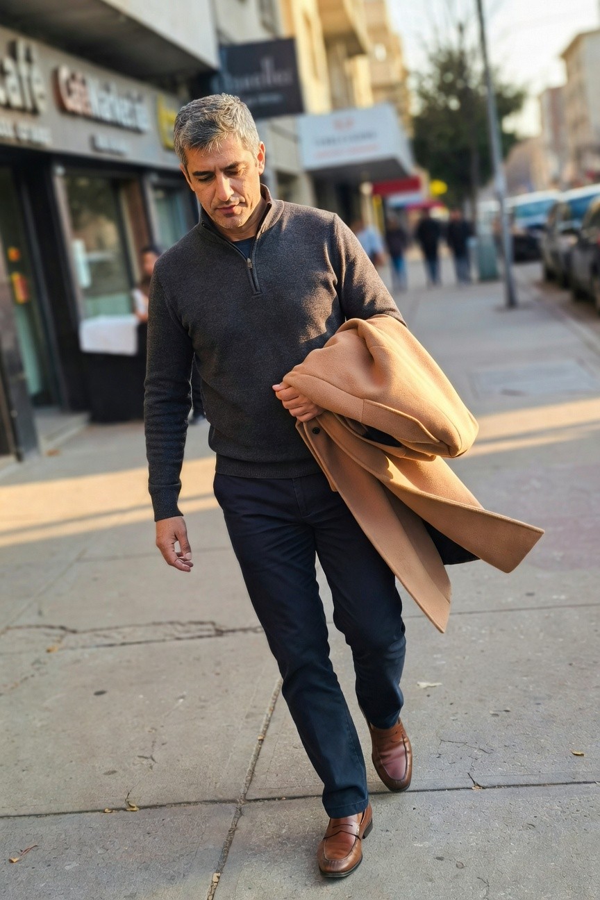 Man in charcoal gray zip-up sweater, navy trousers, brown loafers, holding camel coat draped over one arm while walking on urban sidewalk