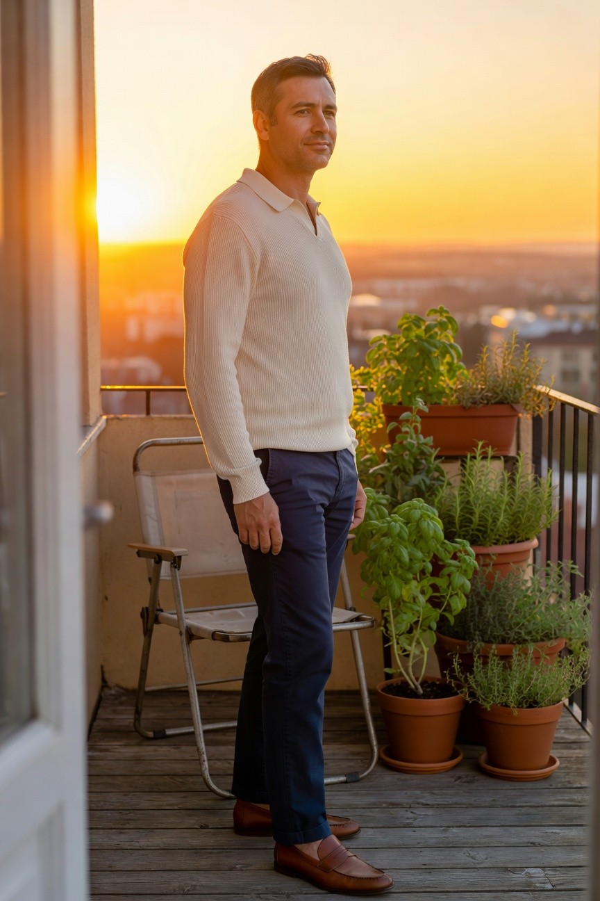 Man standing in cream long-sleeve cable-knit polo sweater, navy slim trousers, and brown loafers on a balcony with potted herbs nearby