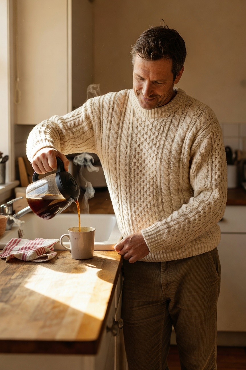 Man in cream cable knit sweater and khaki corduroy chinos pouring coffee in kitchen, smiling warmly