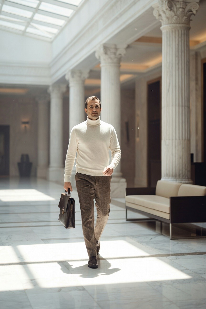 Man walking in cream turtleneck sweater, brown wool trousers, brown leather briefcase, and brown dress shoes in a marble-columned hallway