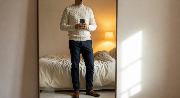 Mature man in cream cable knit crewneck sweater, navy trousers, and brown tassel loafers, taking a mirror selfie in a bedroom, quiet luxury style