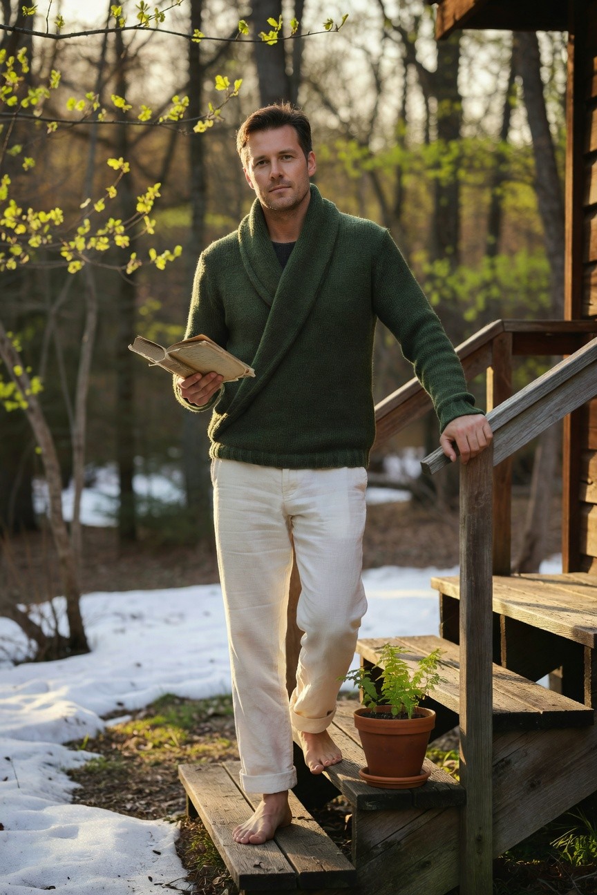 Man in open forest green knit cardigan sweater over dark tee holding open book, paired with high-cuffed white linen pants and barefoot, leaning on wooden porch railing with potted plant nearby
