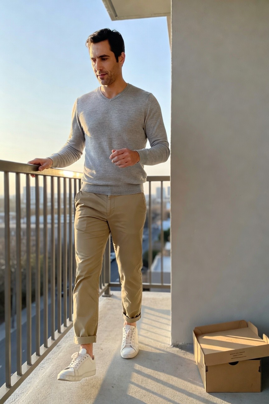Man standing on balcony in light gray V-neck long-sleeve sweater, khaki chinos cuffed at ankles, white sneakers, hand on metal railing, cardboard box nearby