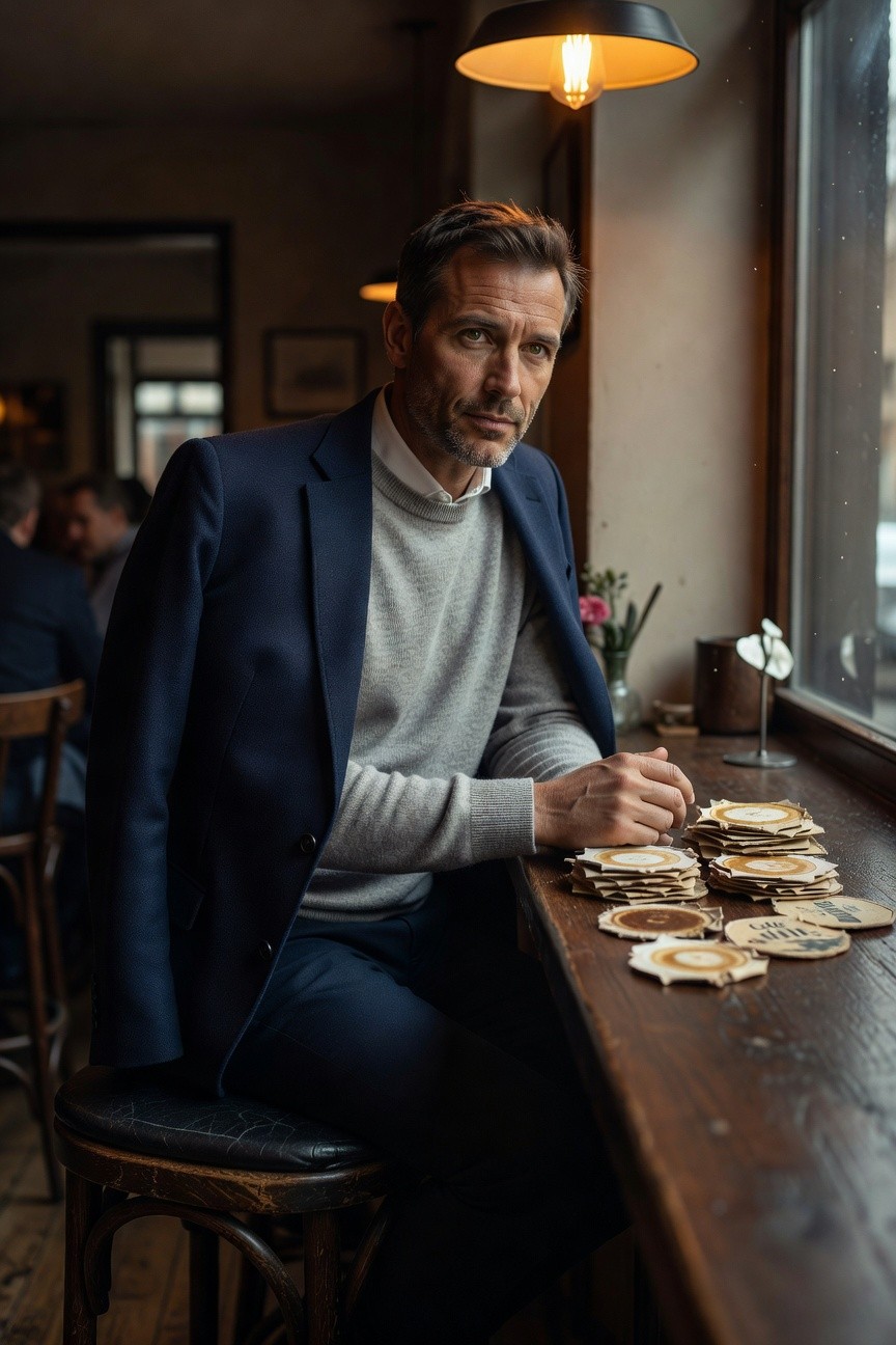 Man in navy blazer over grey sweater and matching trousers, seated at wooden table with stacked coasters, warm indoor lighting highlighting tailored fit and layered styling.