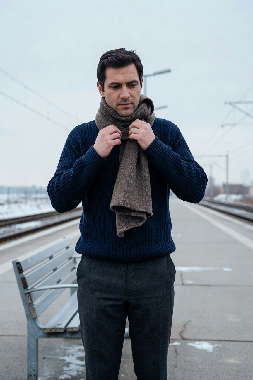 Man adjusting brown wool scarf over navy blue cable knit sweater and grey wool trousers on a train platform with snowy ground and metal bench nearby