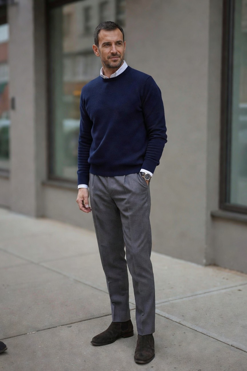 Man in navy wool crewneck sweater layered over white collared shirt with gray pleated wool trousers dark brown suede Chelsea boots silver watch on wrist standing casually outdoors