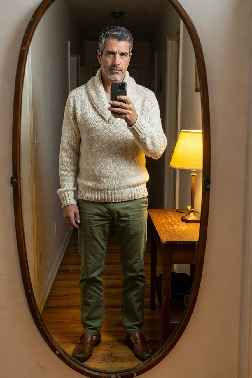 Silver-haired man in cream shawl-collar knit sweater, olive green chinos, and brown penny loafers stands in front of oval mirror taking a selfie