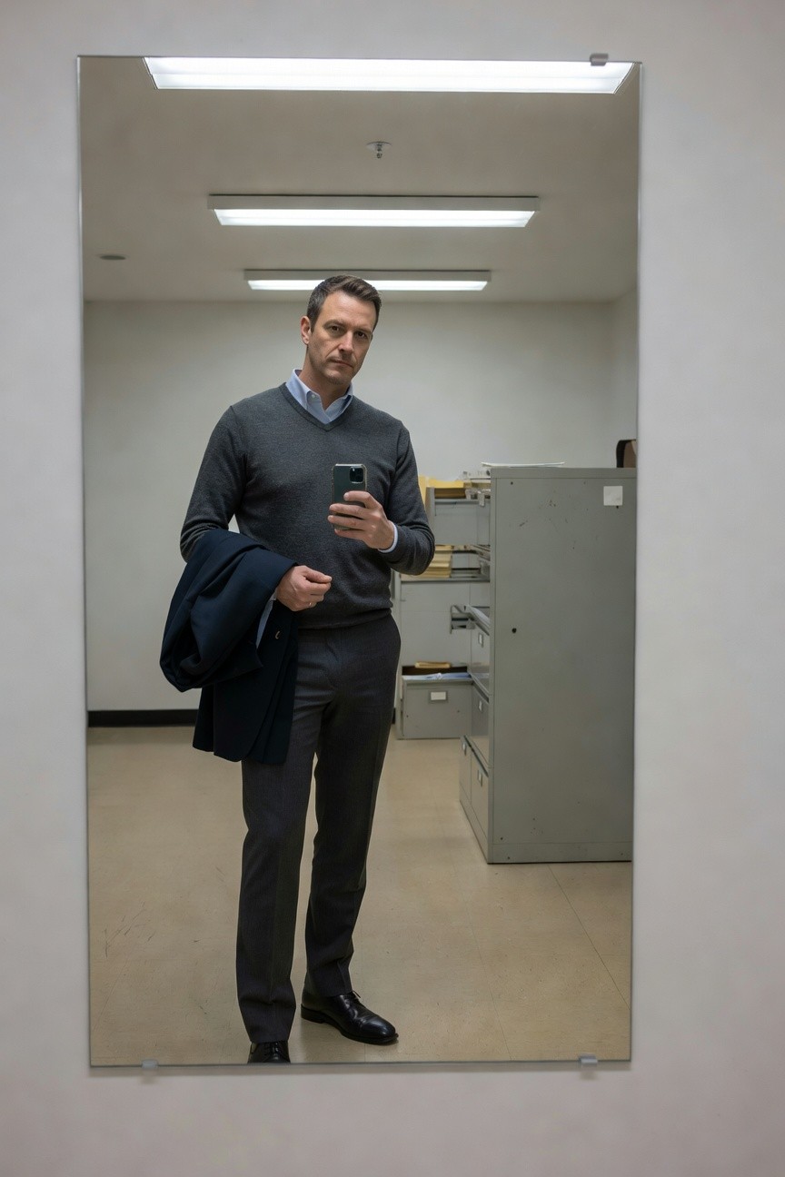 Man taking mirror selfie in office, wearing gray V-neck sweater over blue collared shirt, gray trousers, black dress shoes, navy jacket draped over arm, holding phone