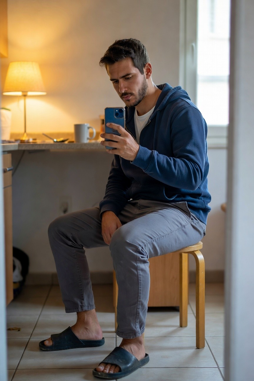 A man in a navy blue zip-up hoodie over a white t-shirt, grey slim-fit pants, and black flip-flops, sitting on a wooden stool while taking a selfie with his blue iPhone in a kitchen setting