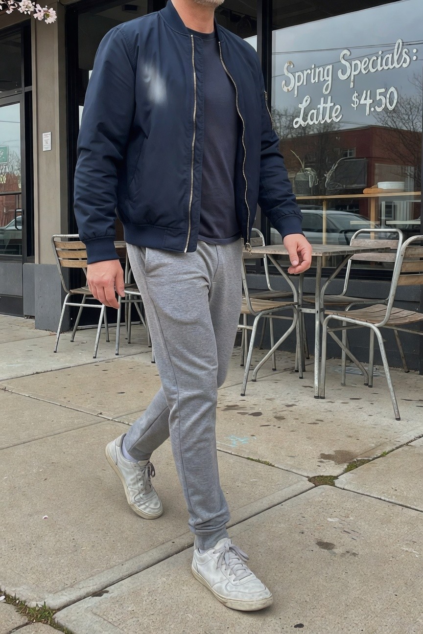 Man wearing navy blue bomber jacket over dark t-shirt with light grey joggers and white sneakers, standing casually outdoors