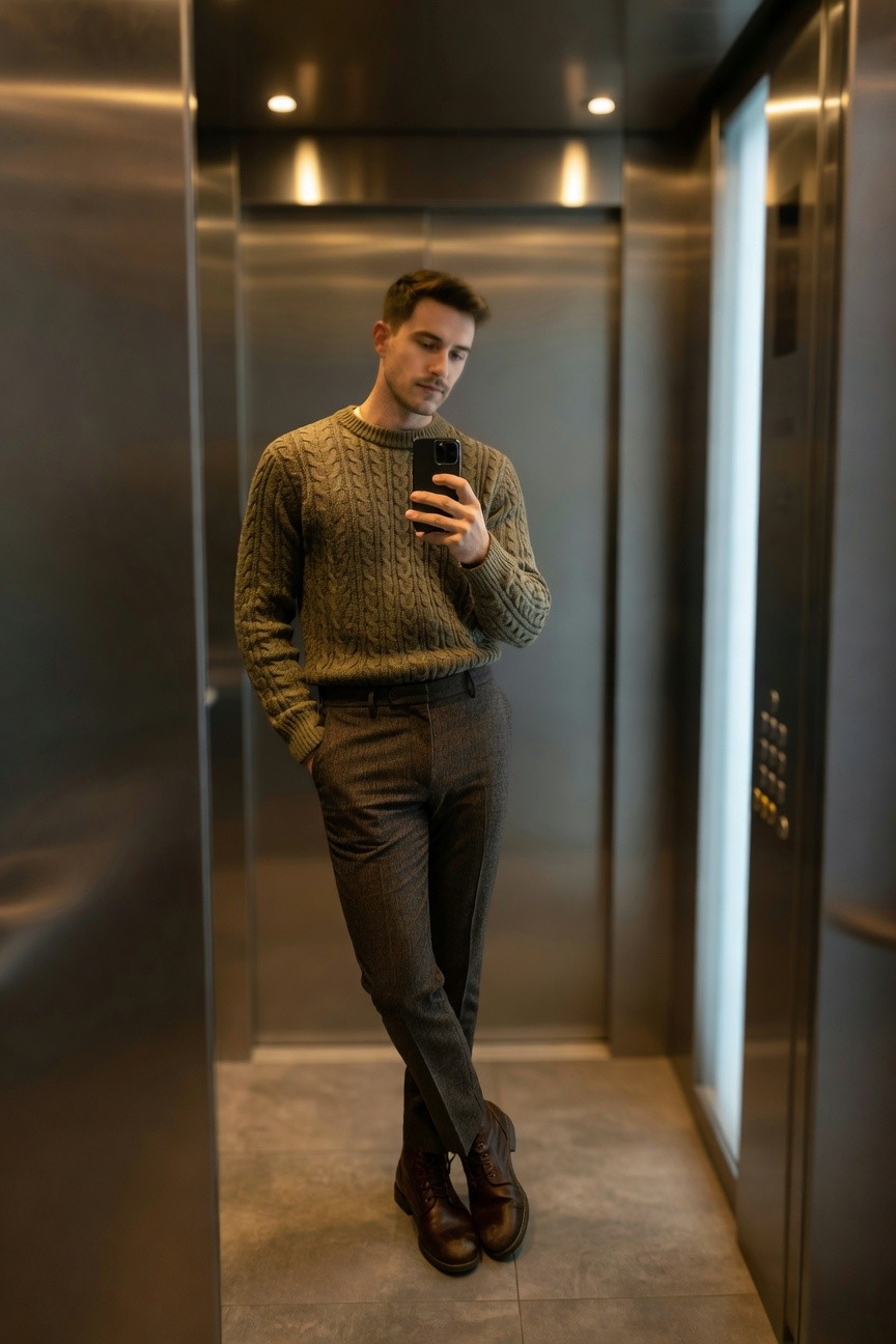 Man in olive cable knit sweater, grey wool trousers, and brown leather boots posing in elevator, one hand in pocket holding phone for selfie