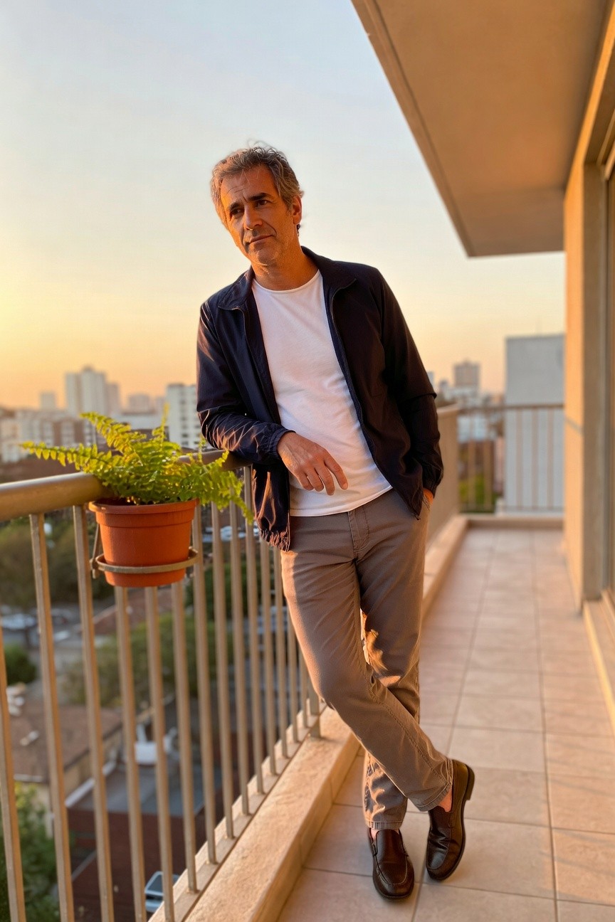 Man in slim grey trousers, open navy blue jacket over white t-shirt, and brown loafers, leaning against railing in relaxed pose