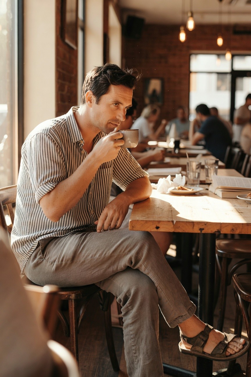 Man in striped short-sleeve button-up shirt, slim grey pants, and leather strap sandals seated at a café table holding a coffee cup with books and plates nearby