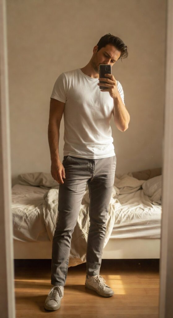 Mirror selfie of a man in a fitted white short-sleeve t-shirt, slim grey pants with belt, and white low-top sneakers, standing in a simple bedroom with white bed sheets visible