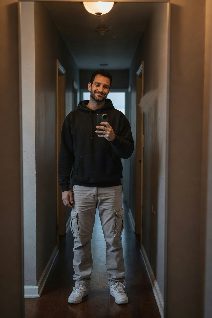 Man in black hoodie, light grey cargo pants, and white sneakers posing in a hallway mirror selfie, holding phone with a smile