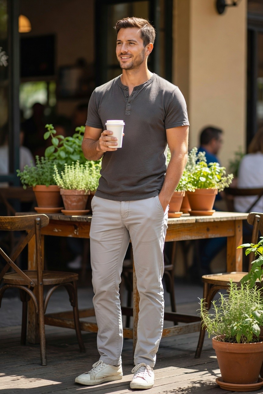 Man in charcoal grey short-sleeve henley shirt holding a white coffee cup, light grey slim pants, and white sneakers, standing casually by wooden table with potted herbs