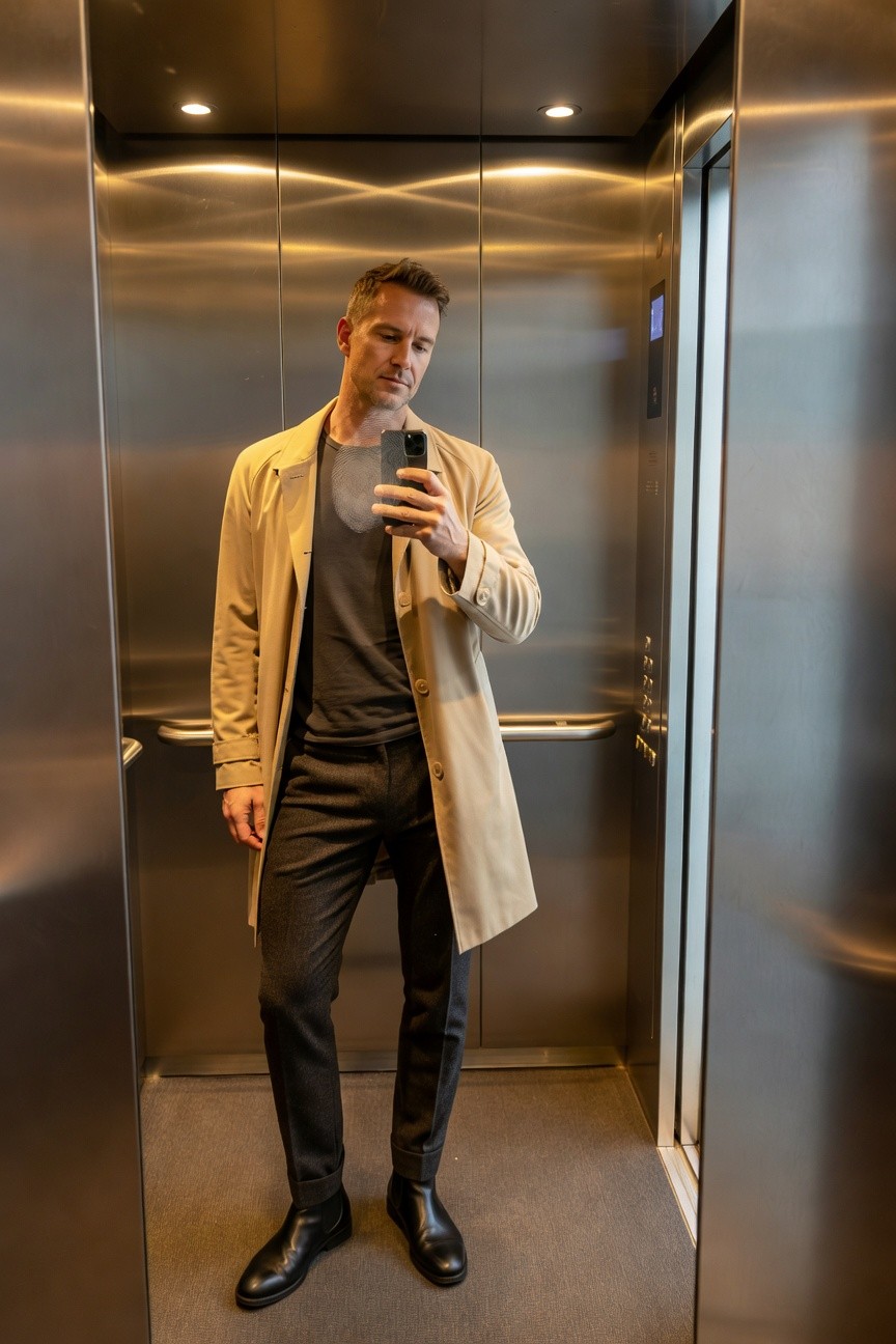 Man taking elevator selfie in beige trench coat over grey V-neck tee, charcoal grey slim pants, and black Chelsea boots, mirrored walls reflecting outfit details