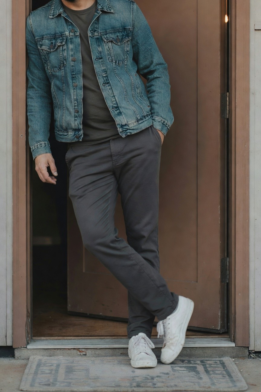 Man leaning against open wooden doorframe in light wash denim jacket over dark gray t-shirt, slim gray pants, and white lace-up sneakers, hands in pockets casually.