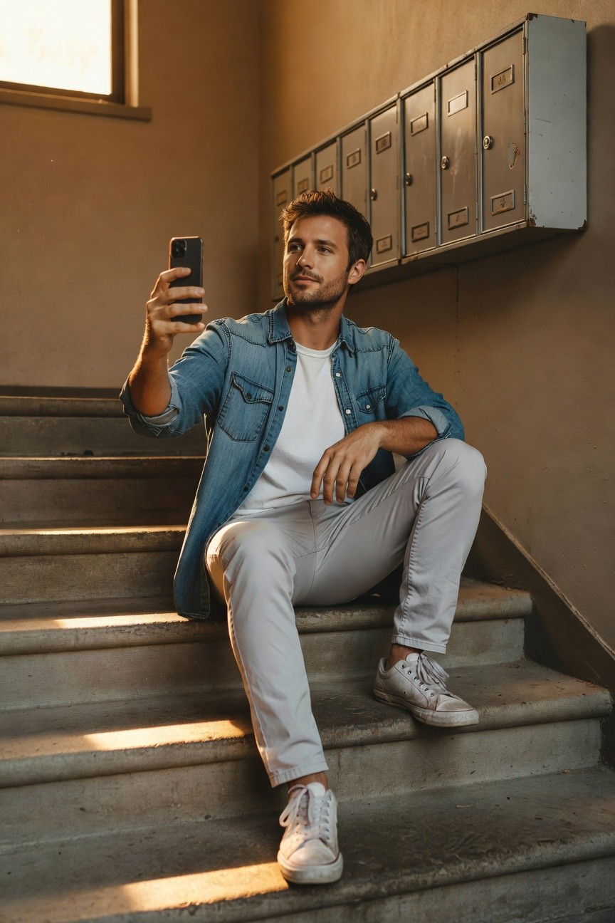 Man sitting on concrete stairs in light grey slim pants, open blue denim jacket over white t-shirt, white sneakers, holding phone for selfie next to metal lockers