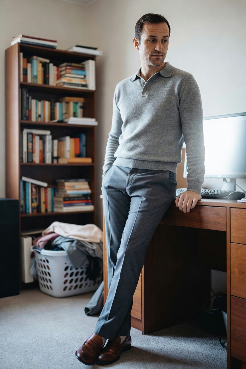 Man in grey knit polo sweater, slim grey trousers, and brown loafers leaning casually against a wooden desk in a home office