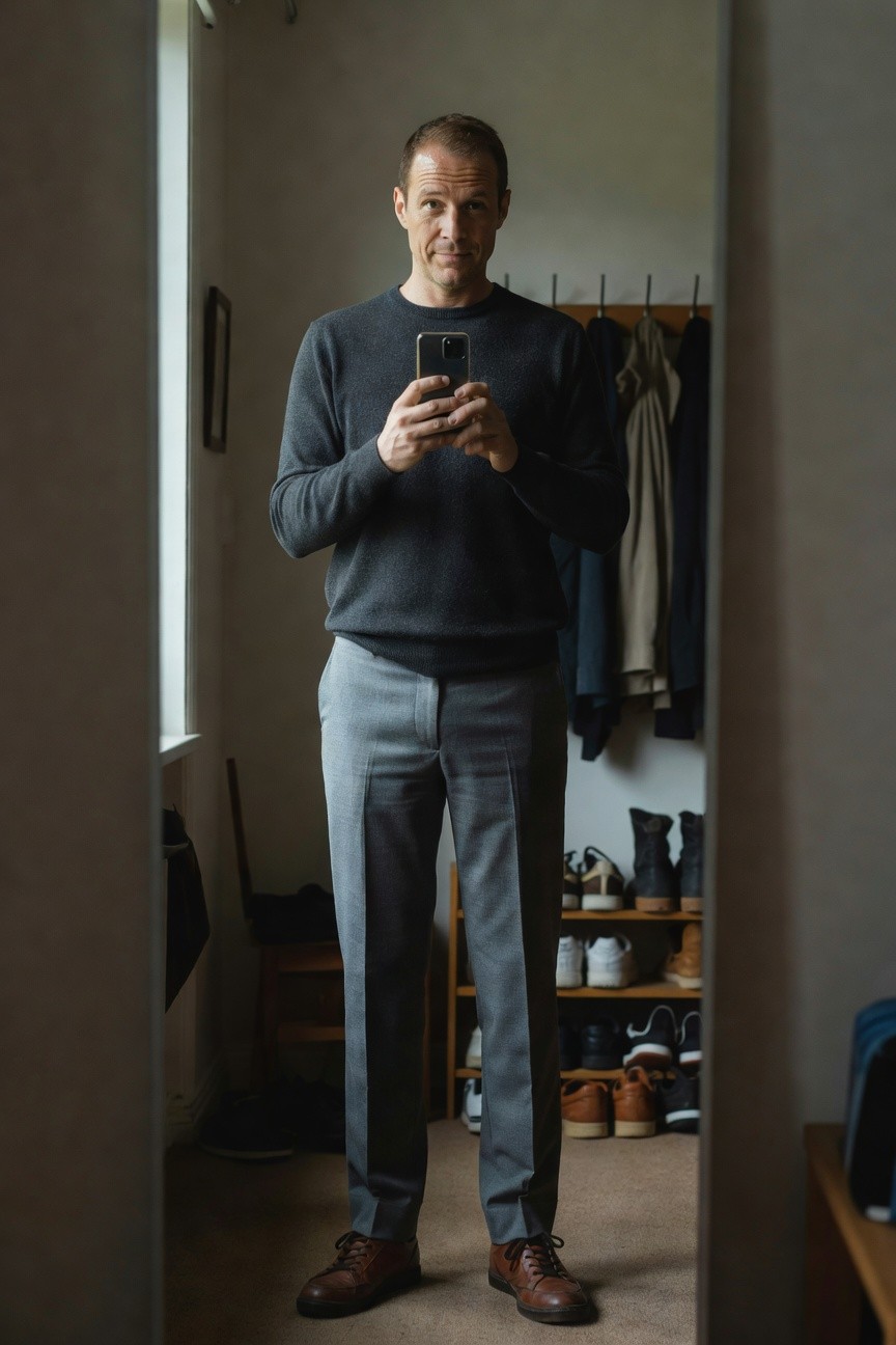 Man in charcoal grey sweater and light grey trousers with brown leather derbies standing in front of a mirror in a wardrobe room holding a smartphone
