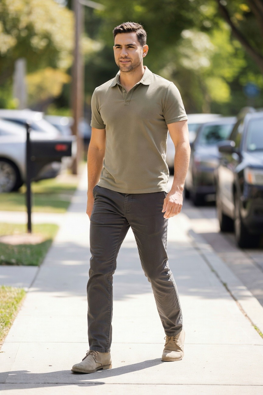 Man in olive green short-sleeve polo shirt, slim grey pants, and tan laced boots walking on sidewalk, casual everyday style