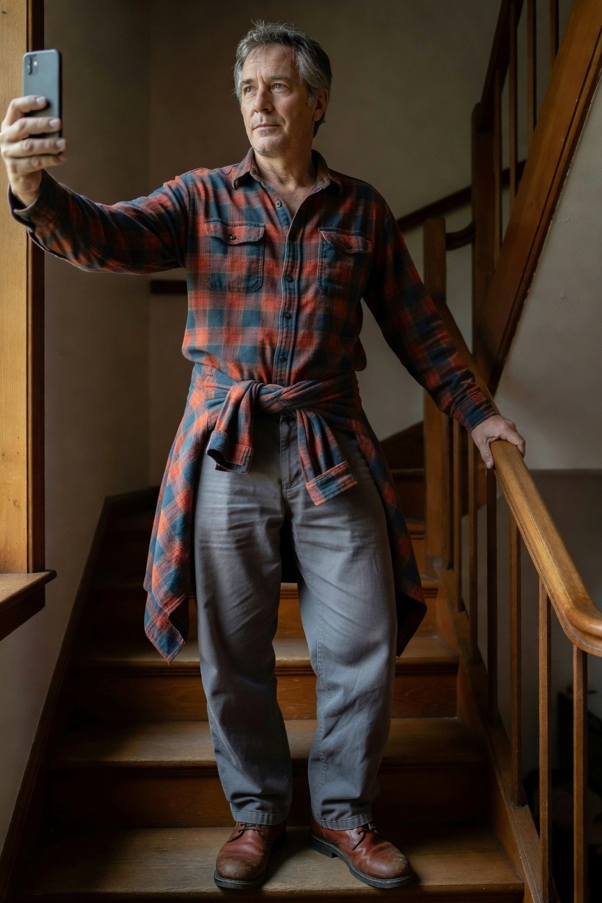 Middle-aged man selfie on wooden staircase in open red-and-blue plaid flannel shirt tied at waist over slim grey pants and brown leather boots