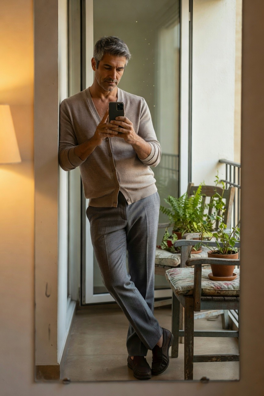Middle-aged man with salt-and-pepper hair leaning against balcony door, wearing an open light beige cardigan, grey wool trousers, and brown loafers while looking at his phone