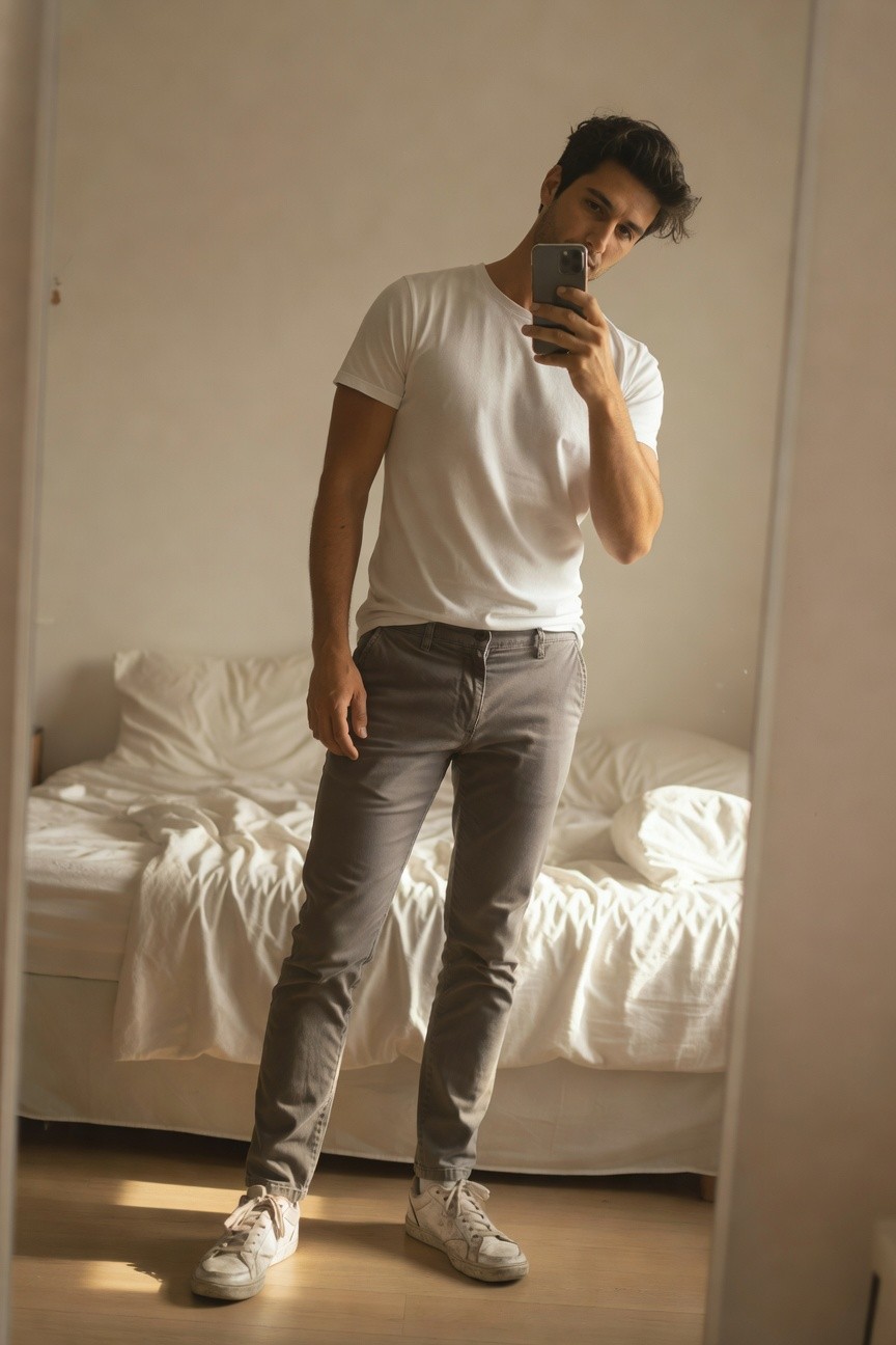 Mirror selfie of a man in a fitted white short-sleeve t-shirt, slim grey pants with belt, and white low-top sneakers, standing in a simple bedroom with white bed sheets visible