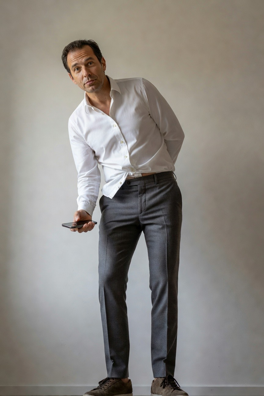 Man in white long-sleeve button-down shirt partially untucked into slim grey trousers with brown leather sneakers, leaning casually while holding a smartphone