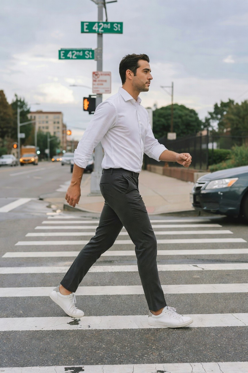 Side profile of a man walking in slim grey pants, white button-up shirt with rolled sleeves, and white sneakers at a crosswalk