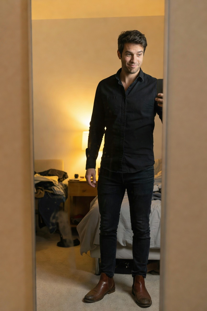 Man taking a mirror selfie in a black open-collar button-down shirt, dark slim jeans, and brown Chelsea boots, standing confidently in a bedroom setting