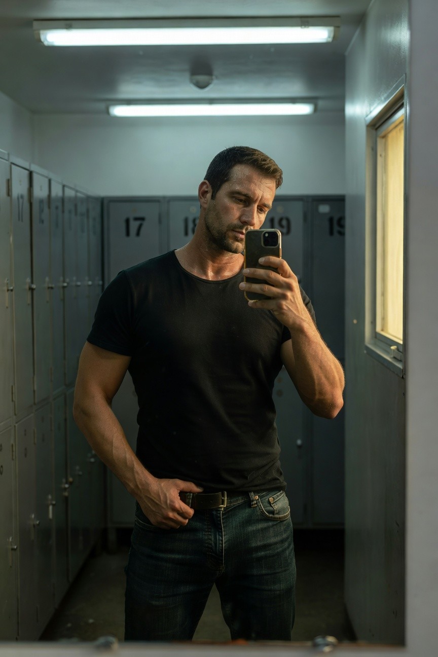 Muscular man taking a mirror selfie in a locker room, wearing a fitted black short-sleeve t-shirt, dark blue slim-fit jeans with a brown leather belt, gold iPhone in hand