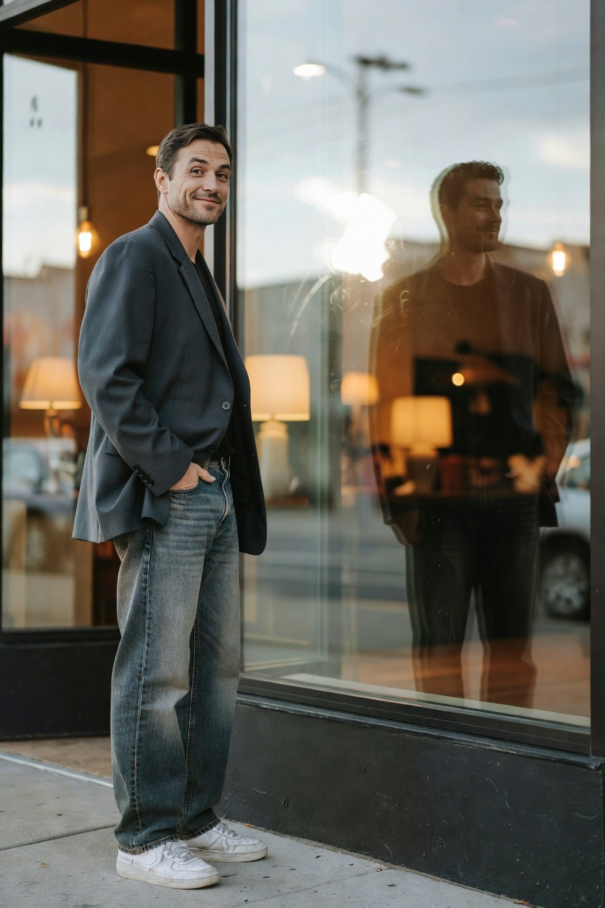 Man in unbuttoned charcoal blazer, dark tee, light blue straight-leg jeans, and white sneakers standing casually outside a storefront window with his reflection visible
