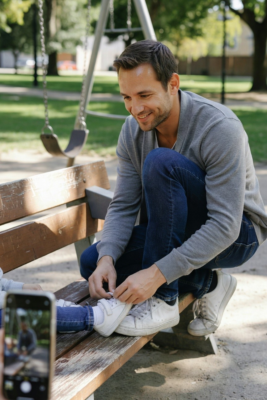 Man kneeling on wooden bench tying white sneaker on child's foot while wearing open gray knit cardigan blue jeans and white sneakers casual park setting