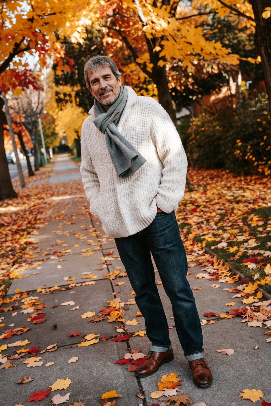 Man standing casually in cream chunky knit sweater layered with gray scarf, dark straight-leg jeans cuffed at ankles, and brown leather oxford shoes on a sidewalk